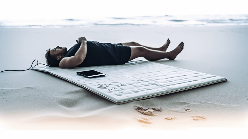 Photo of a calm man lying on a Pulsed Electro Magnetic Field (PEMF) Full Body Mat on the beach