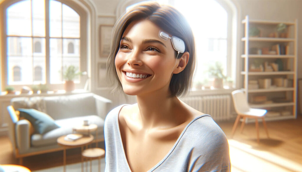 Woman is happy with her tDCS device's benefits