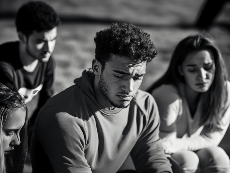A black and white landscape-ratio photo of a college athlete looking slightly stressed while 3 of his friends, 2 females and 1 male, are trying to comfort him