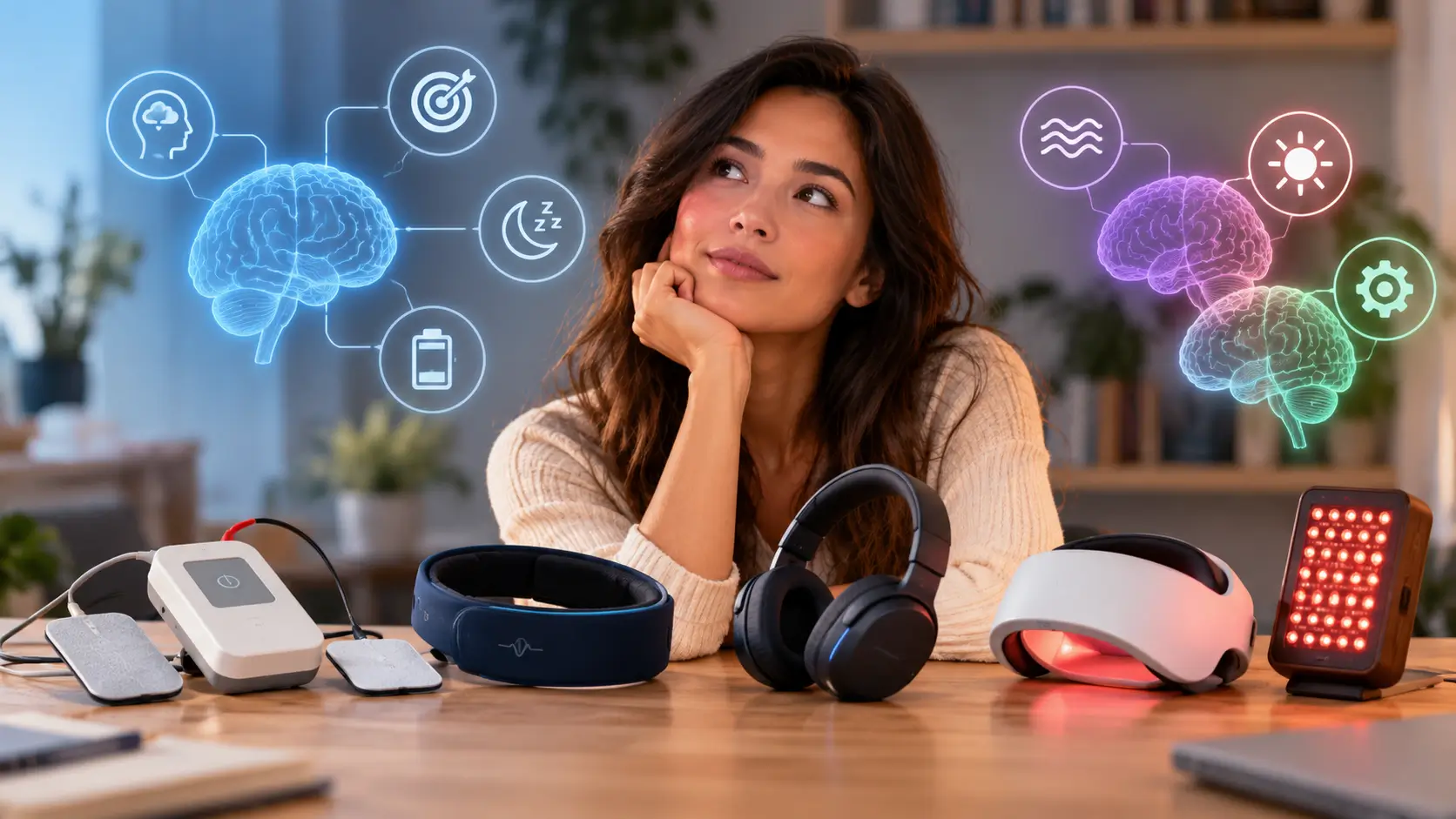 Woman comparing home brain stimulation and wellness devices as alternatives to the Flow headset